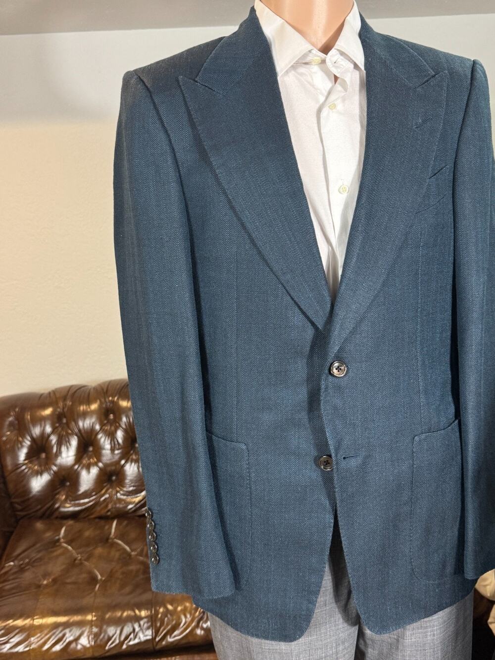 Tom Ford Teal Herringbone Silk Mohair Blazer Sportcoat 40R Peak Lapel Windsor